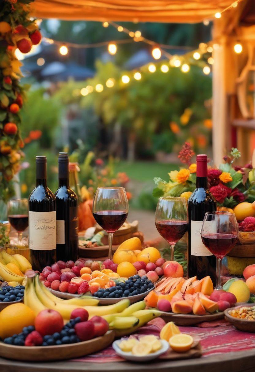 A beautifully arranged table featuring various wine bottles, glasses, and vibrant fruits, set against a backdrop of a colorful festival scene with people enjoying wine and laughter. Incorporate elements such as festive decorations, twinkling lights, and hand-painted wine labels. Capture a warm, inviting atmosphere that embodies the joy of wine tasting at a creative festival. super-realistic. vibrant colors. warm lighting.