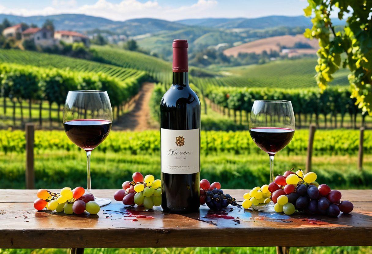 A beautifully arranged table featuring an elegant wine bottle and glasses, surrounded by vibrant splashes of paint and artistic brushes, set against a backdrop of a dreamy vineyard landscape. Include abstract art pieces inspired by the colors of different wines, with grapes subtly integrated into the scene. The overall atmosphere should feel luxurious and creative, inviting viewers to indulge in wine and art. super-realistic. vibrant colors. soft focus.