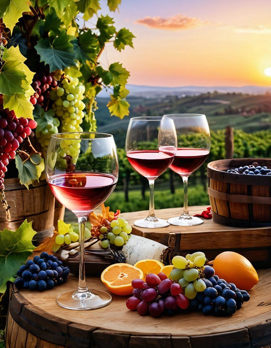 A picturesque vineyard scene with elegant wine glasses clinking under a sunset, surrounded by vibrant cultural decorations and traditional foods. Include guests in festive attire, engaged in a joyful celebration, with barrels and grapevines in the backdrop. Capture the essence of sophistication and conviviality. vibrant colors. super-realistic.